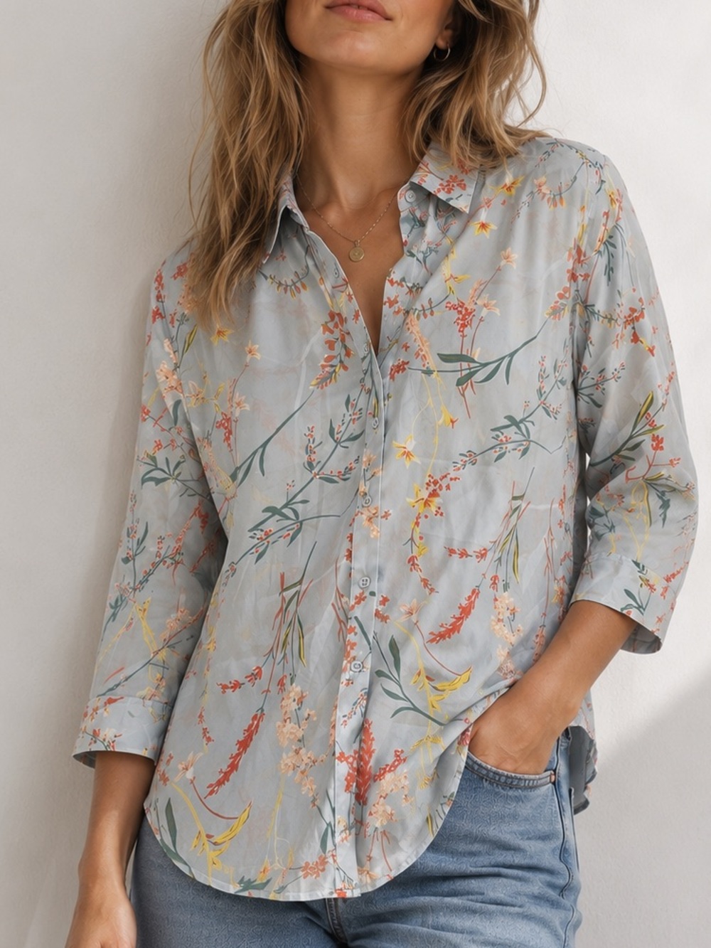 Cupio Women’s Large Blue Floral Button-Up High-Low Blouse NWT